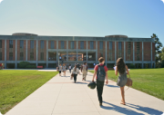 Students are walking to a building