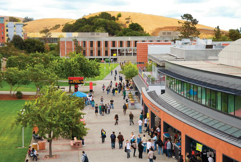 The "New" and Old University Union buildings are located in the Free Speech Area